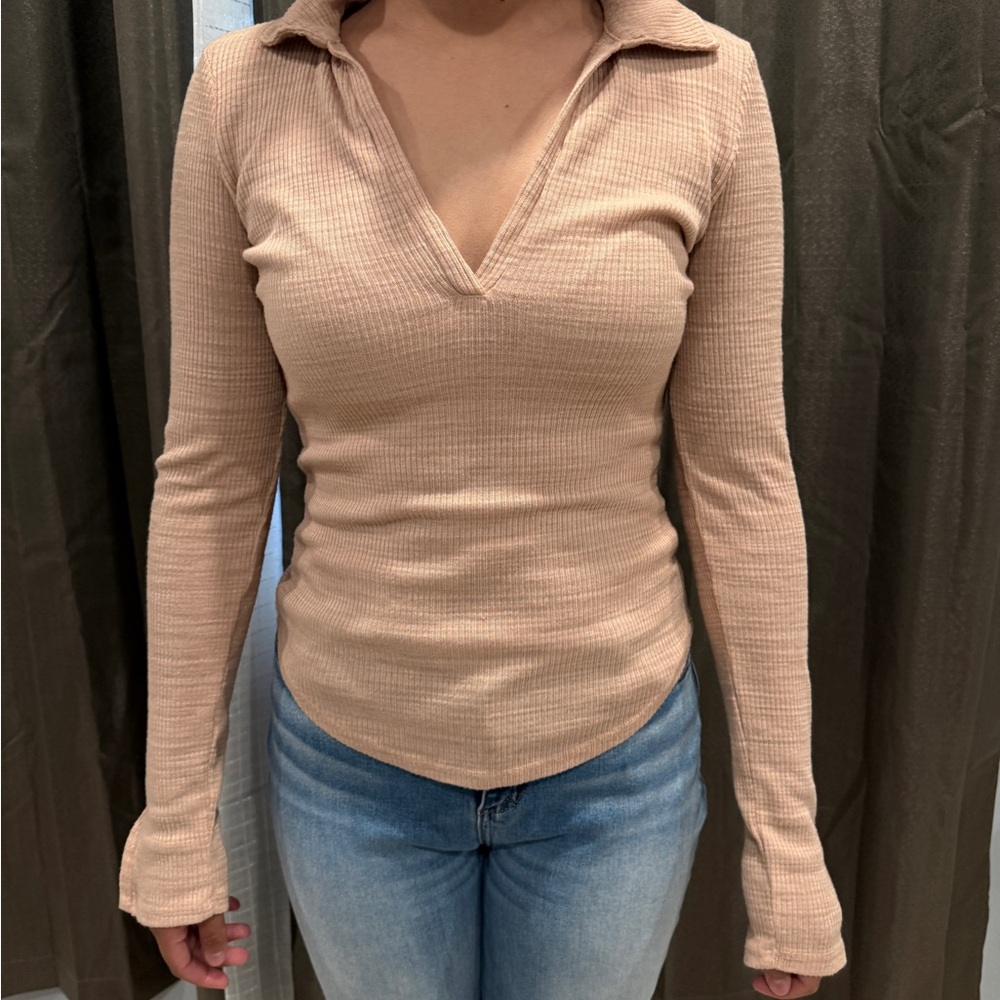 Women's Beige Ribbed Long Sleeve Top